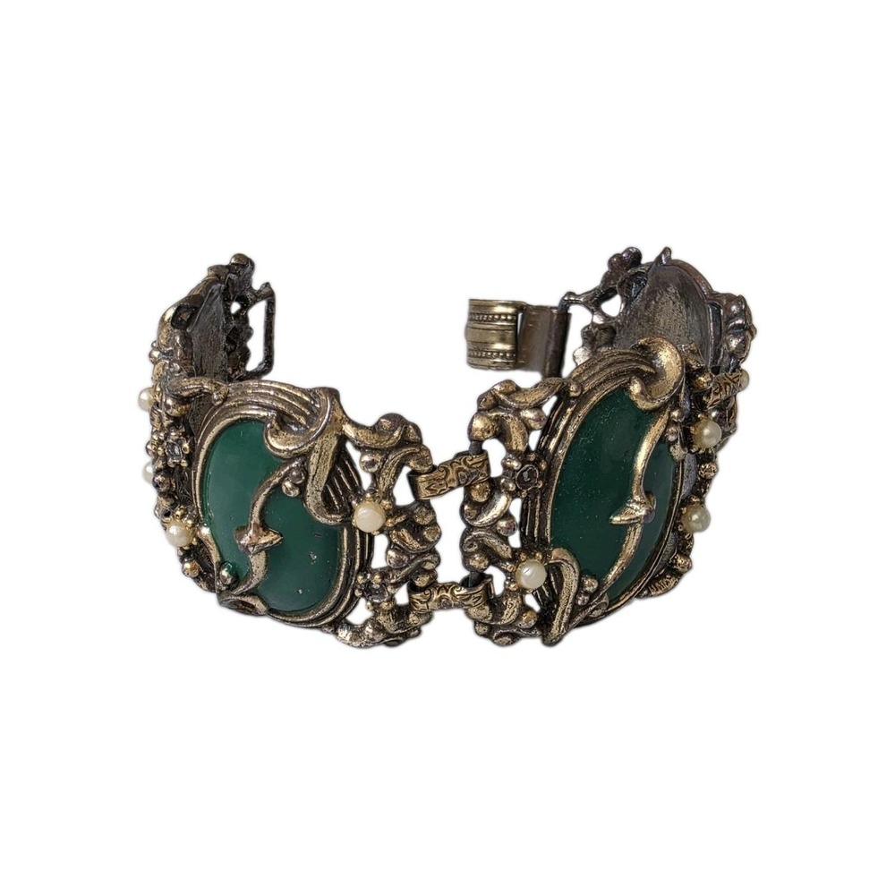 Vintage Victorian Revival Green Cabochon Faux Pearl Panel Link Bracelet 7"